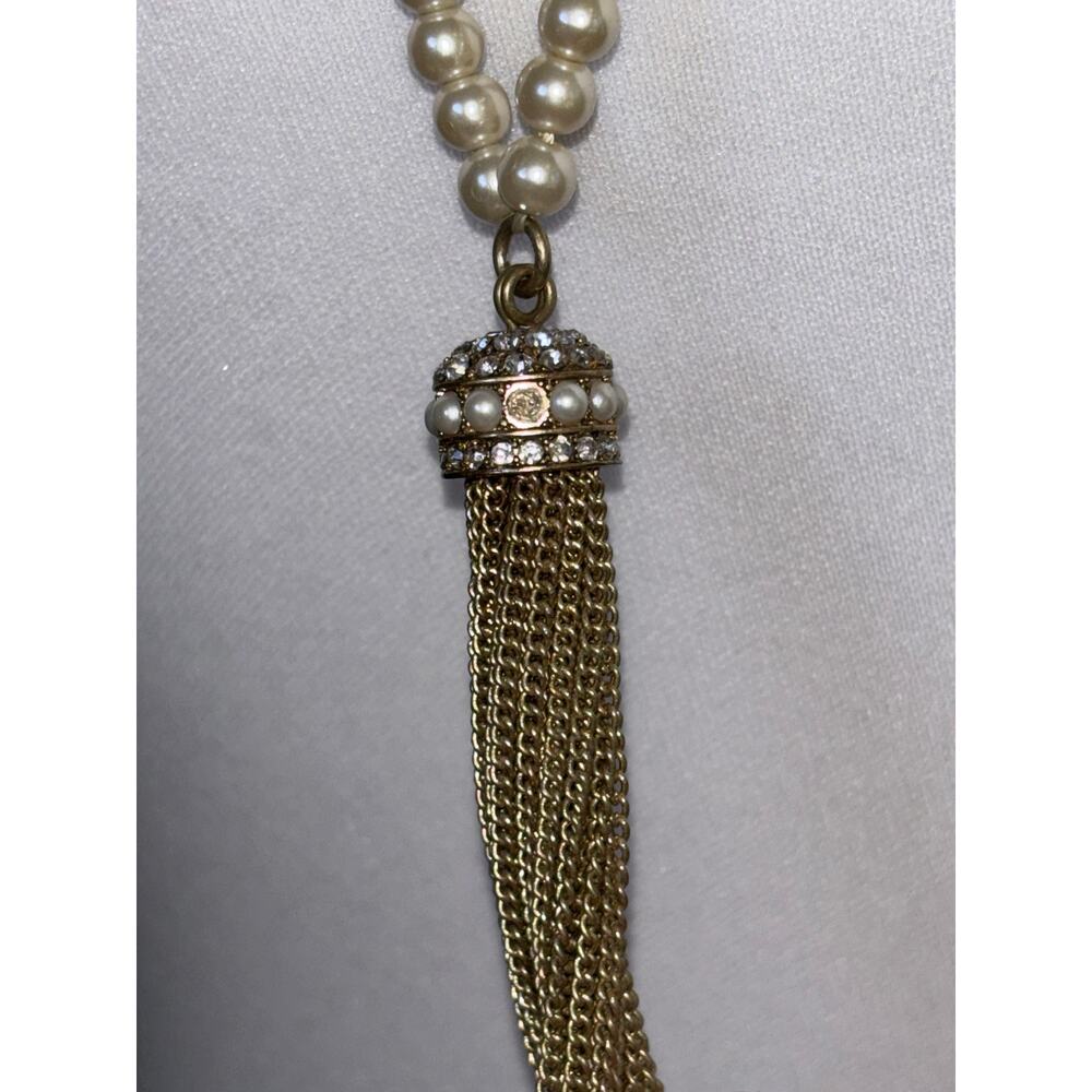 Vintage J. Crew Gold Tone Faux Pearl Chain Tassel Necklace - Picture 7 of 7